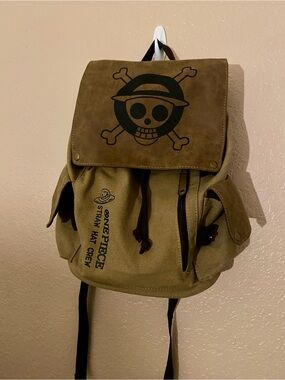 Onepiece Olive Canvas Backpack with Straw Hat Crew Skull Logo